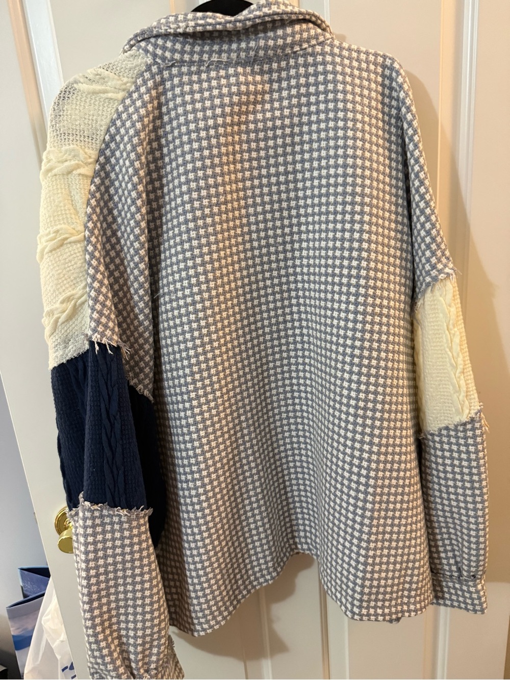 POL Patchwork Cardigan Jacket in Navy, Cream & Gray - Picture 3 of 4
